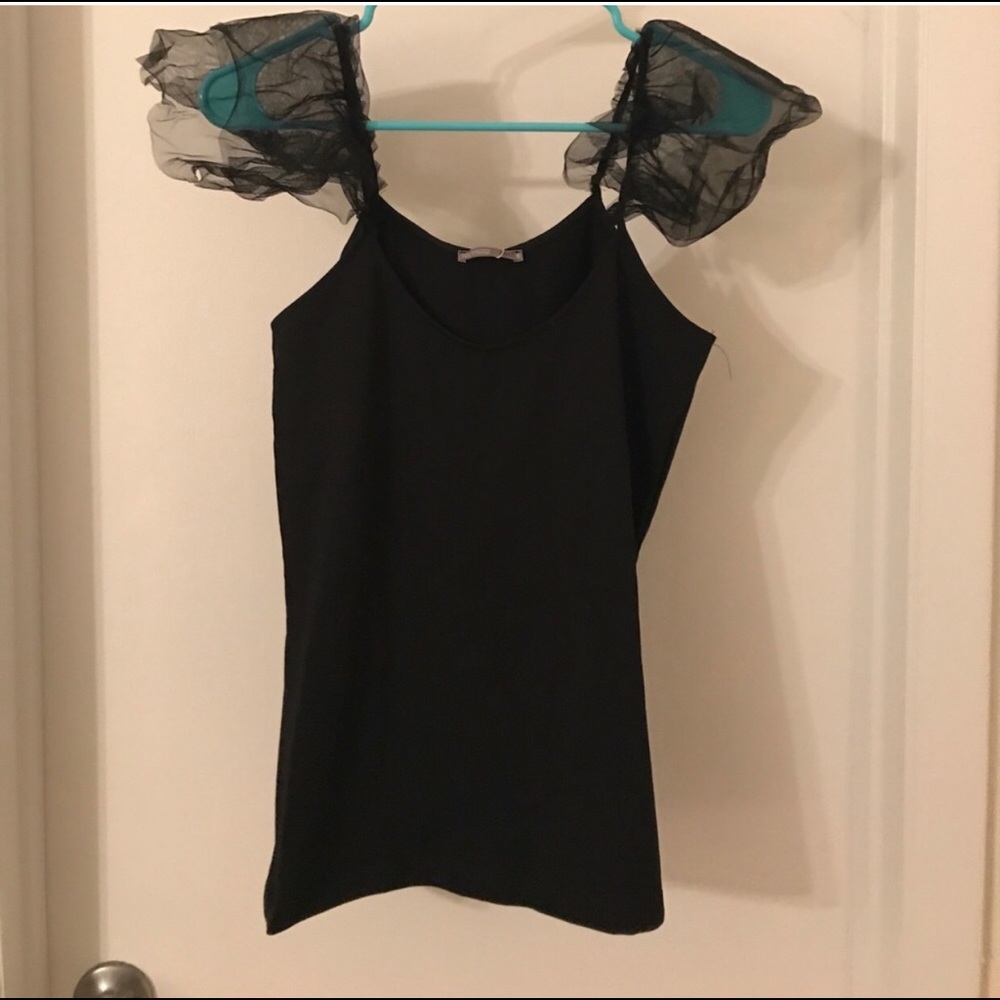 Black tank top with tulle flutter sleeves